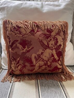 Cherub Renaissance Style Red Gold Damask Fringed Throw Accent Pillow 13 x 13